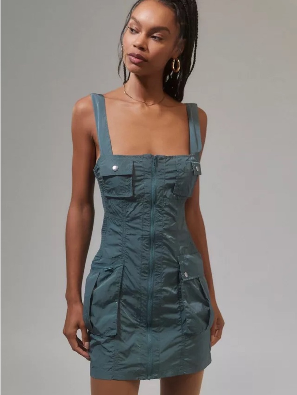 BDG Urban Outfitters Nylon Utility Mini Dress Teal Blue Size S Cargo Pockets